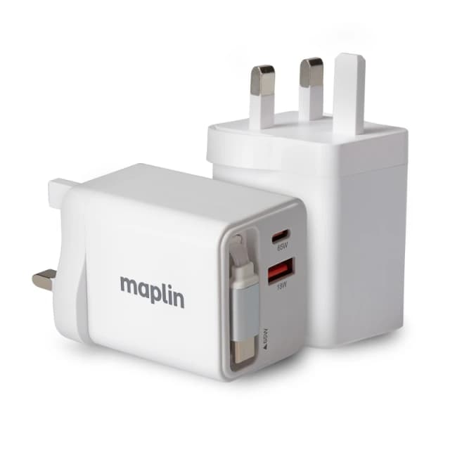 Maplin USB Wall Charger 65W 2 Port 1x USB-A 1x USB-C + Built-in Retrac