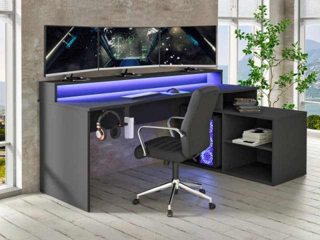 Flair Power W L Shaped Corner Gaming Desk in Black Unisex