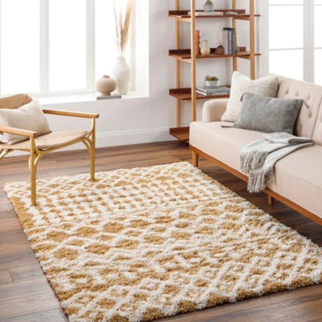 Livabliss Shaggy Geometric Plush Pile Camel Nour Area Rug 160 X 220 Cm - Easy Care, Non Shedding, Ideal For Living Room & Bedroom
