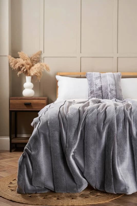 BHS Faux Fur Stripe Throw in Grey Grey Unisex