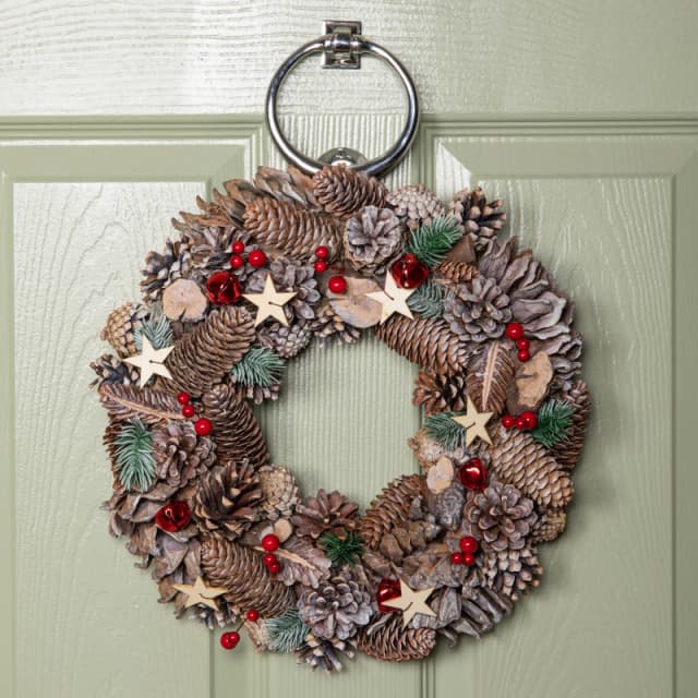 36cm Frosted Hanging Christmas Wreath with Red Jingle Bells & Wooden Stars