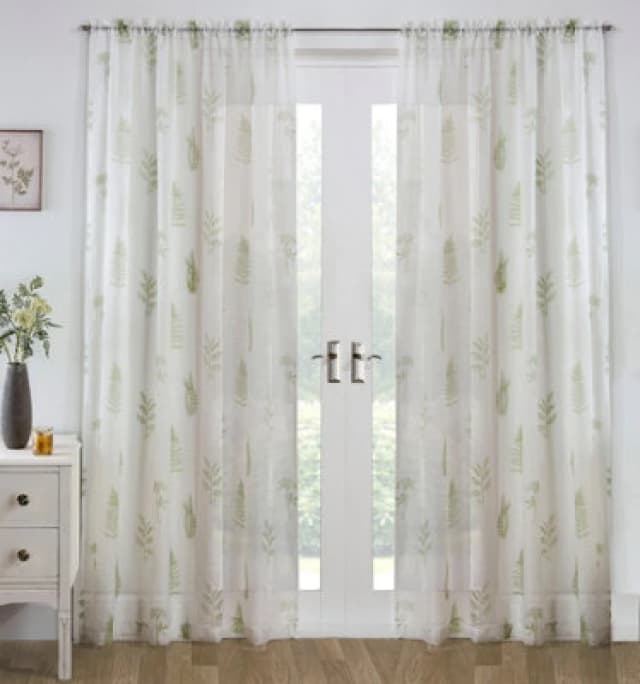 Tyrone Textiles Metallic Tree Print Linen look Voile Panels (Pair) with Rod Pocket Header Green
