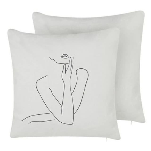 Beliani Set Of 2 Decorative Cushions Meadowfoam Cotton 45 X 45cm White Abstract Pattern
