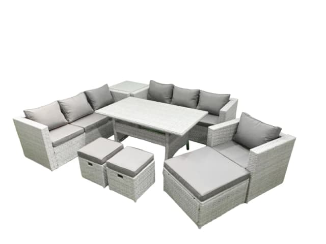 Fimous 8 Pieces Outdoor Rattan Sofa Set with Cushions Patio Garden Furniture Sets with Armchair Dining Table Side Table 3 Footstools Light Grey