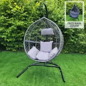 Swing Hanging Egg Chair Rattan Bench Garden Patio Outdoor Indoor Furniture Hammock Basket Seat Grey with Cushions, Waterproof Cover and Stand