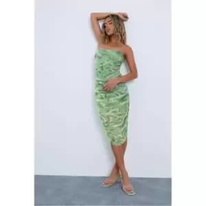 I Saw It First Sage Marble Print Mesh Ruched Midi Skirt - Green