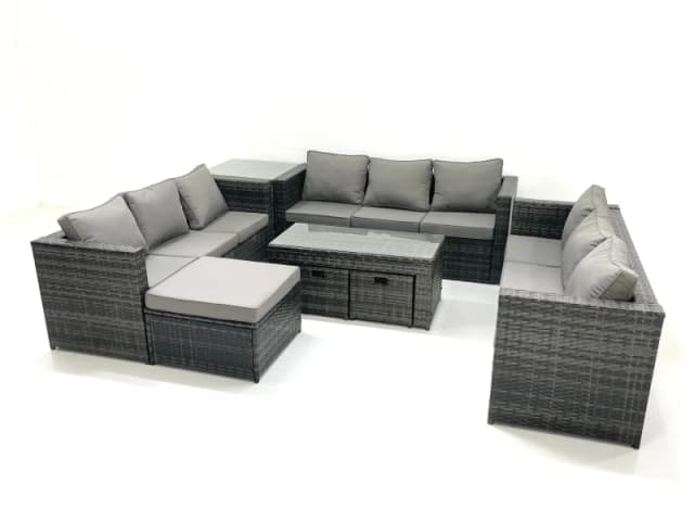 Fimous Outdoor Garden Furniture Set 8 Pieces Rattan Sofa Set with Coffee Table 3 Footstools Side Table Dark Grey Mixed Dark Grey