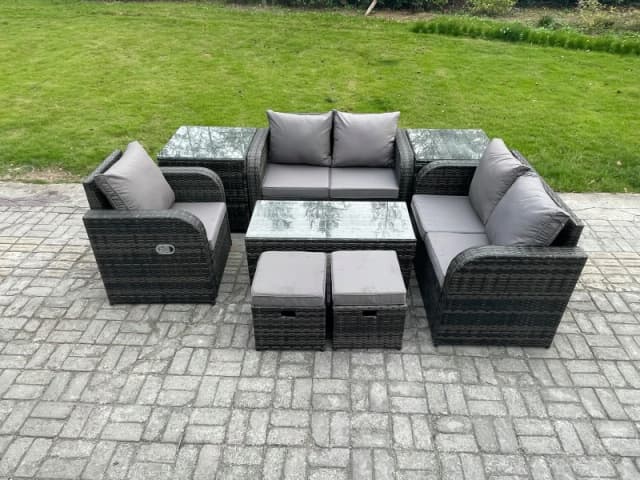 Fimous 7 Seater Rattan Outdoor Garden Furniture Sofa Set Patio Table & Chairs Set with 2 Side Tables 2 Small Footstools Dark Grey Mixed Dark Grey