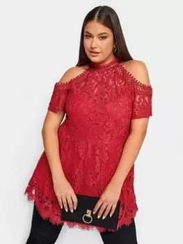 Yours Lace Cold Shoulder Top, Red, Size 14, Women
