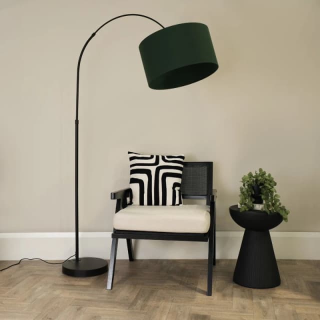 ValueLights Louis Black Arched Curved Floor Lamp with Fabric Drum Lamp Shade Bottle Green