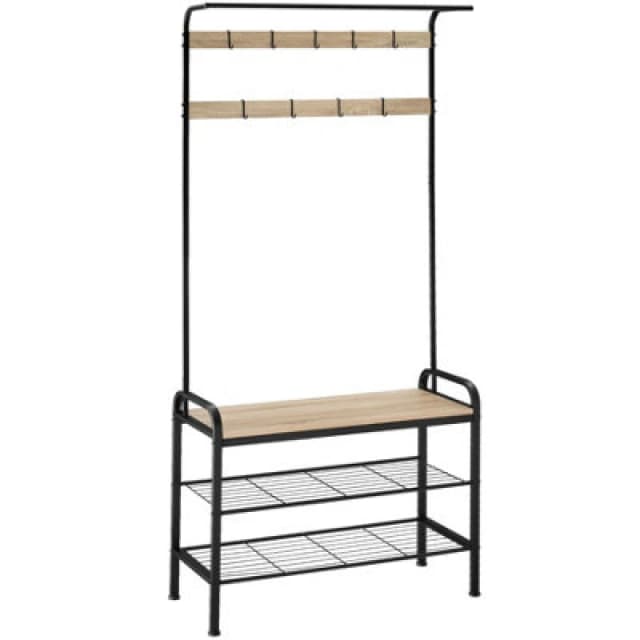 Tectake Coat Stand - Shoe Rack, Seat, 2 Shelves And 9 Coat Hooks 85.5X36X184Cm - Industrial Wood Light, Oak Sonoma