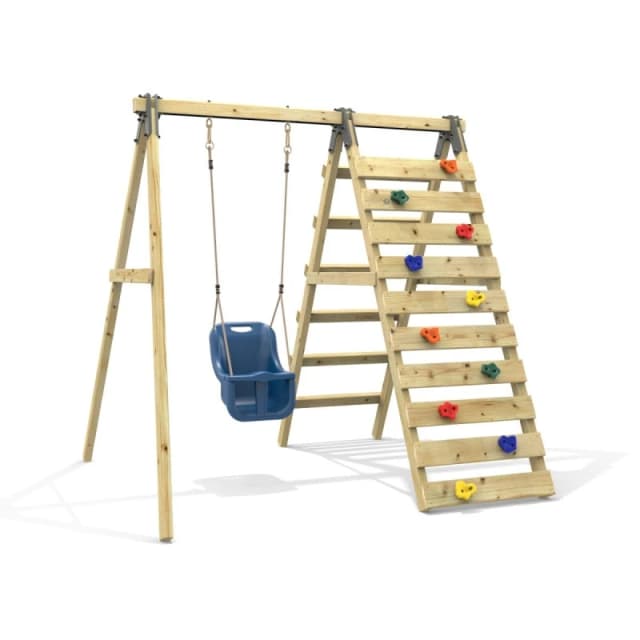 OutdoorToys Glide Wooden Single Swing Set with Climbing Wall & Swing Seat - Lavender (Navy Blue Baby Swing) in Navy Navy Unisex