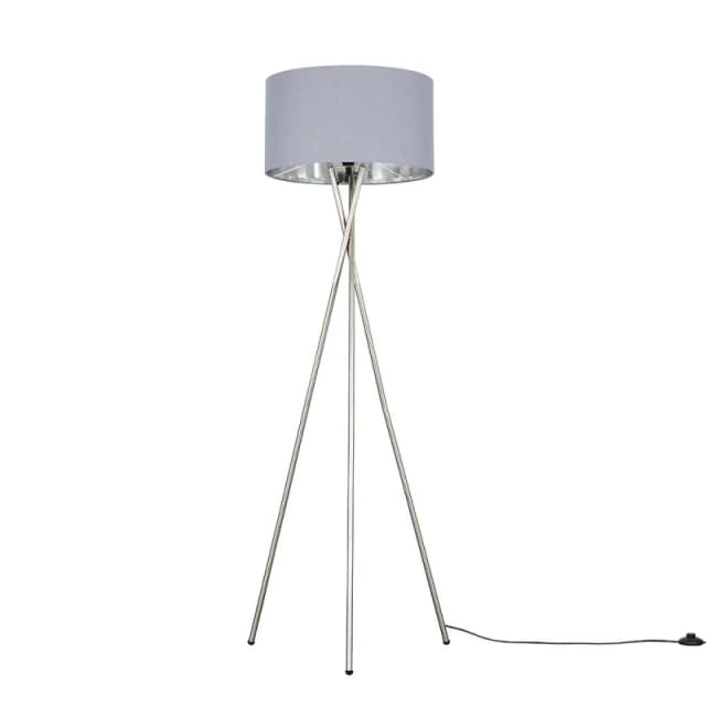 ValueLights ValueLights Camden Grey & Metal Shade & Brushed Chrome Tripod Floor Lamp with Bulb in Metallic Silver Metallic Silver One Size Unisex 5055