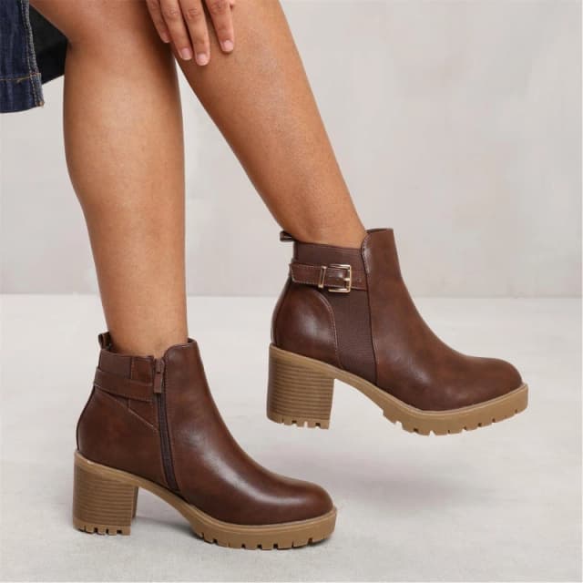 Wheres That From Mid Block Heel With Buckle Detail Stretch Brown Pu female 7