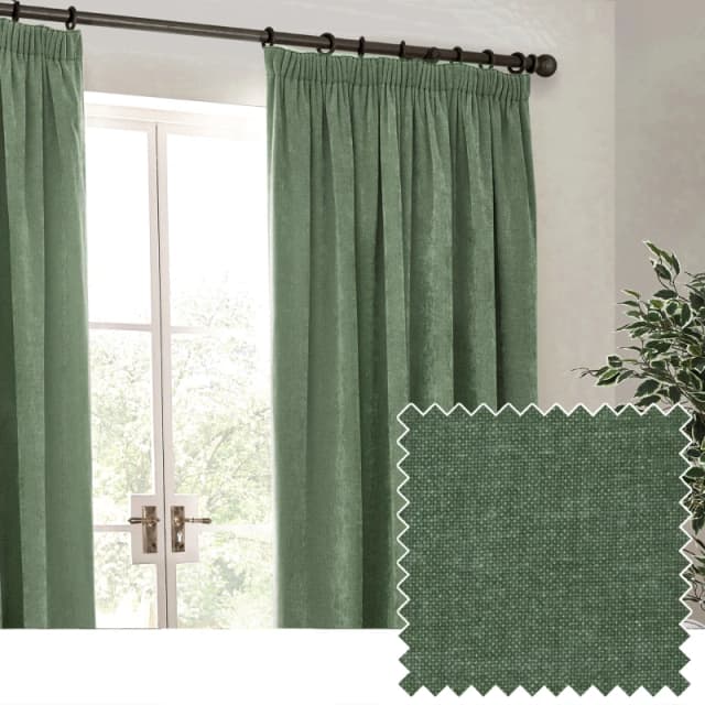 Yard Heavy Chenille Velvet Pencil Pleat Curtain Pair Eucalyptus 229 X 183Cm, Green 5025532854704.00