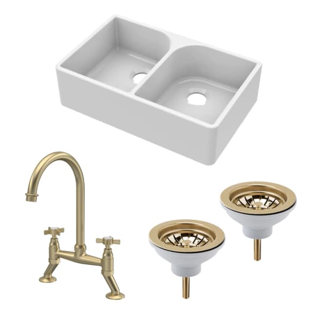 BALTERLEY Balterley - Fireclay Kitchen Bundle - Double Bowl Full Weir Butler Sink No Overflow, Wastes & Bridge Tap, 795mm - Brushed Brass BKS210WT14