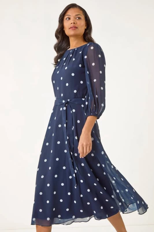 Roman Womens Spot Print Chiffon Pleated Midi Dress in Navy Size: 10 Navy Female 10