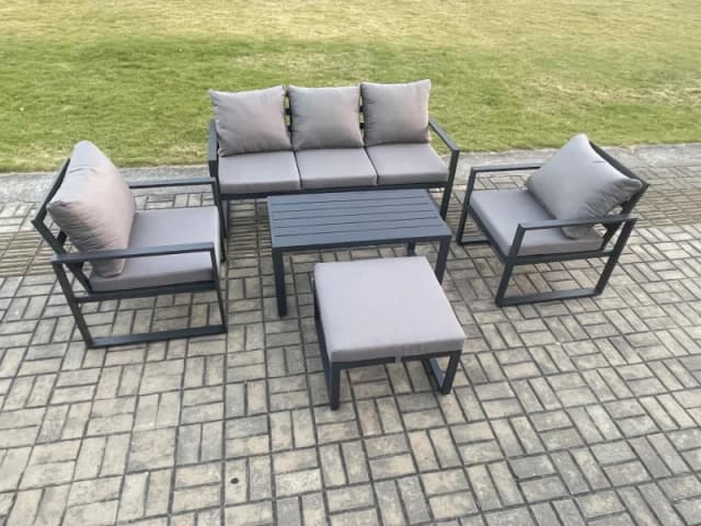 Fimous Aluminium Outdoor Furniture Set 6 Seater Garden Sofa with Oblong Coffee Table Big Footstool 2 Armchairs Dark Grey Dark Grey Unisex