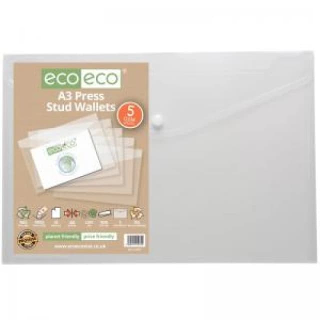 Eco Eco 95% Recycled Press Stud Wallets A3 Clear (5 Pack) eco034-S