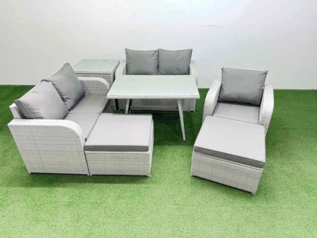 Fimous 7 Seater Rattan Garden Furniture Sets Love Sofa Reclining Chair Sets in Light Grey Light Grey Unisex