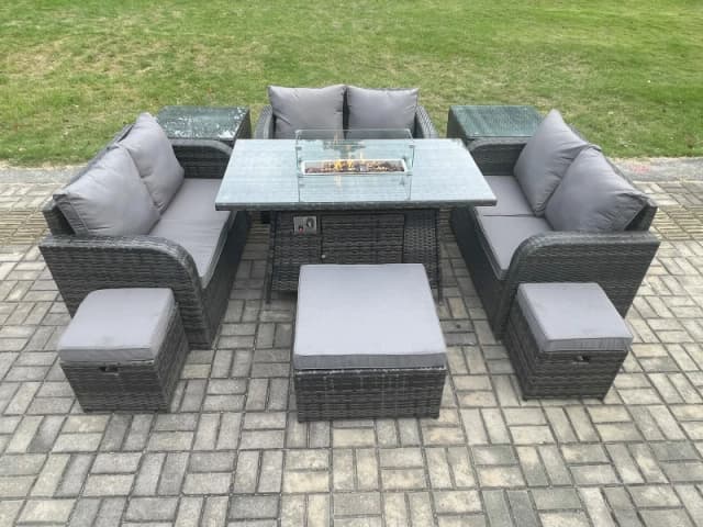 Fimous Outdoor Rattan Furniture Garden Dining Set Gas Fire Pit Table with 2 Side Tables Love Sofa 3 Footstools Dark Grey Mixed Dark Grey