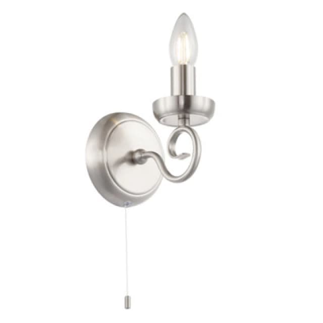 Happy Homewares Traditional Satin Nickel Wall Light With Scroll Arm And Pull Switch