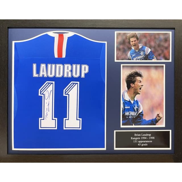 AllStarSignings Ltd Brian Laudrup signed & framed Glasgow Rangers shir Navy Blue unisex One Size