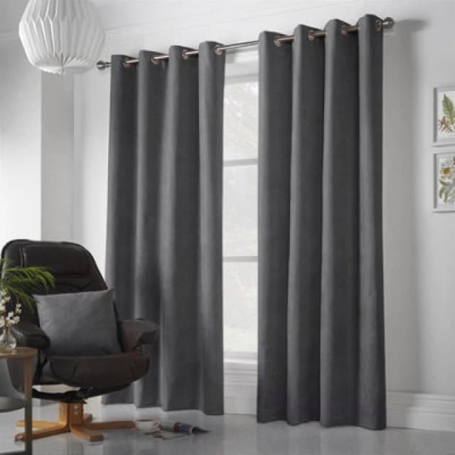 Velvet Chenille Ready Made Eyelet Curtains Slate