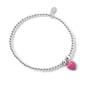 Enamel Pink Heart Charm with Sterling Silver Ball Bead Bracelet