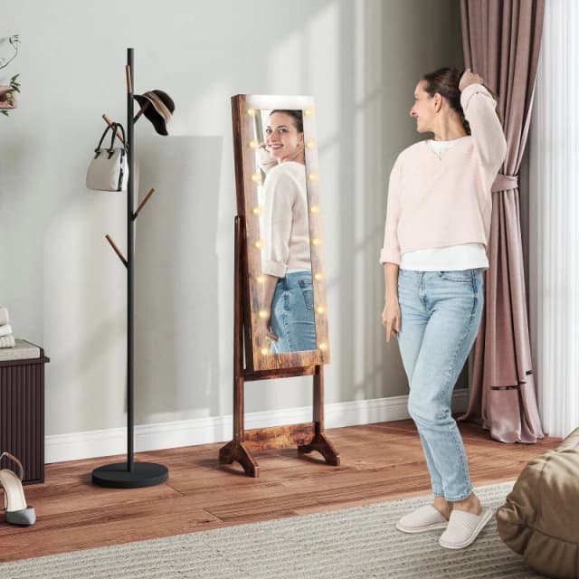 HOMCOM HOMCOM Free Standing LED Mirrored Jewelry Cabinet Armoire Floor Organiser in Brown Brown One Size Unisex 5063603047884