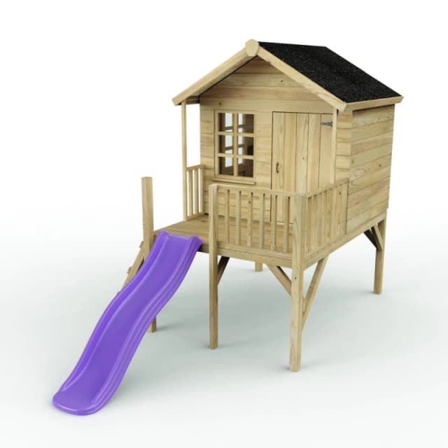 Rebo 5ft x 5ft Wooden Garden Playhouse on Deck with 6ft Slide - Pheasant Purple Natural