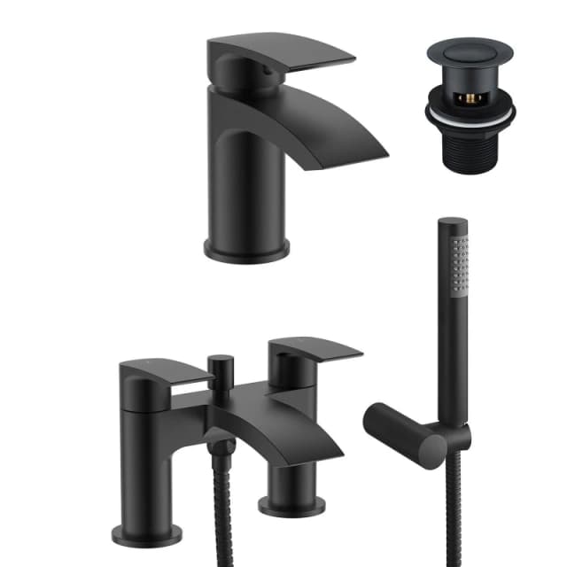 Nes Home Round Matte Black Waterfall Basin Mixer and Bath Mixer Taps with Waste Black unisex