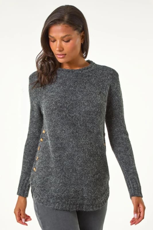 Roman Womens Button Detail Curved Hem Jumper in Black Size: 16 Black Female 16