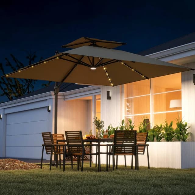 Outsunny 3.5m Aluminium Cantilever Parasol w/ LED Lights Crank Tilt UV50+ Khaki, Brown 84D-433V00KK