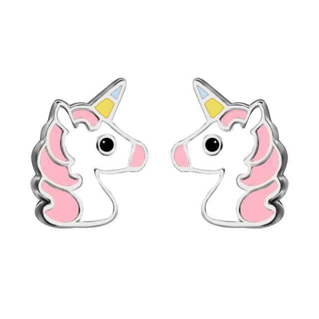 Jewelco London Silver Enamel Cute Cartoon Unicorn Stud Earrings 9mm - AES127 Silver female