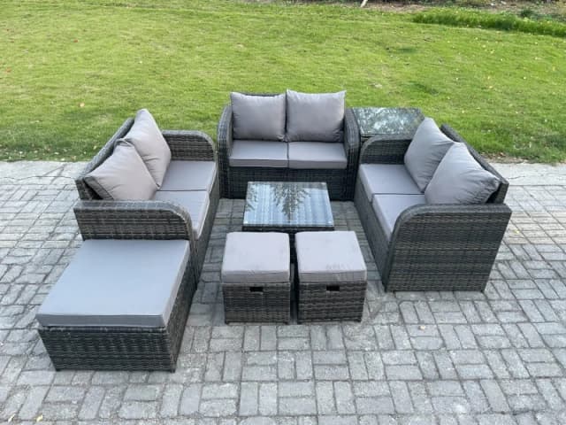 Fimous 9 Seater Outdoor Garden Furniture Sets Wicker Rattan Furniture Sofa Sets with Square Coffee Table Love seat Sofa 3 Footstools Side Table Dark G