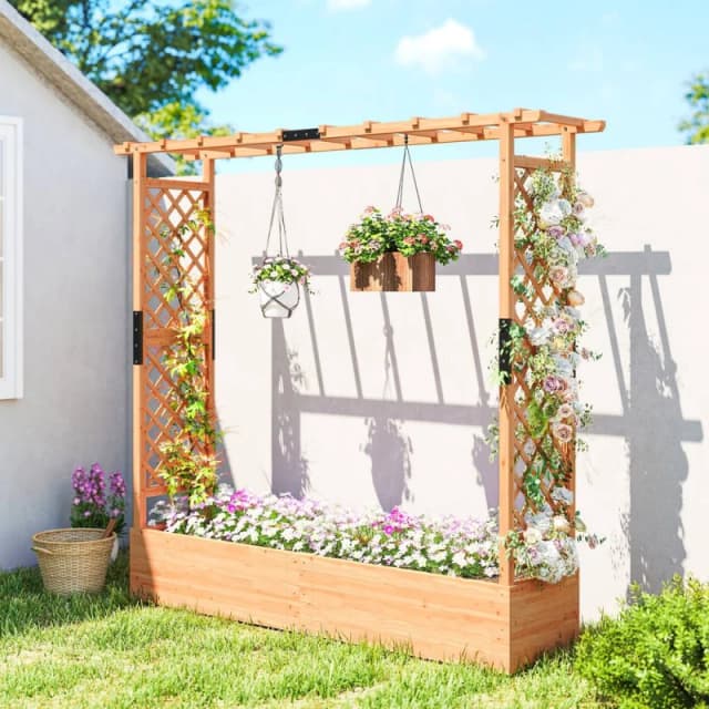 OUTSUNNY Raised Bed for Garden with Trellis, 196 x 44 x 181 cm, Natural Size: 196 x 44 x 181cm Natural Unisex 196 x 44 x 181 cm