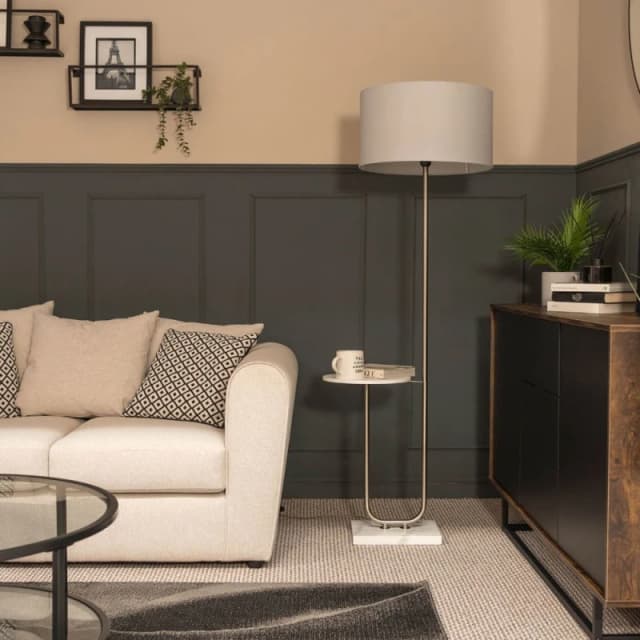 ValueLights Tavel Brushed Chrome Marble Base Floor Lamp With Table And Large Grey Shade Silver