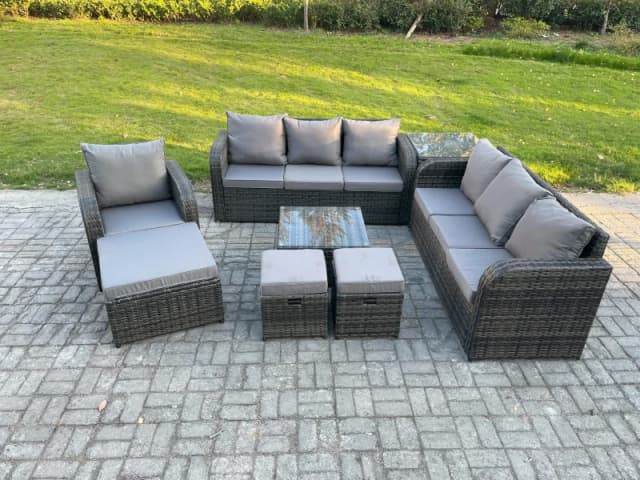 Fimous 10 Seater Outdoor Rattan Garden Furniture Set Conservatory Patio Sofa Coffee Table With 3 Footstools Side Table Dark Grey Mixed Dark Grey