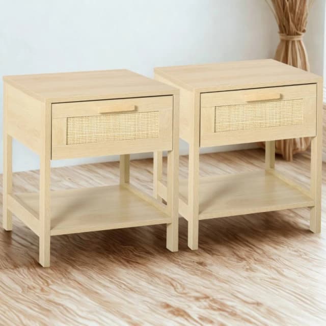 FURNOS 2PC Bedside Night Tables With Rattan Drawer & Shelf in Brown Brown Unisex