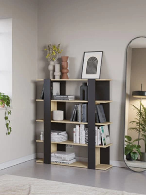 Decortie Tita 4 Tier Modern Bookcase Wall Mounted Shelving Unit Black, Oak 122Cm