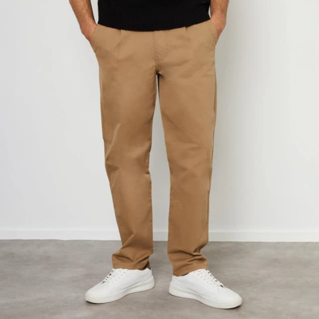 Threadbare 'Fog' Cotton Straight Leg Pleated Chino Trousers With Stretch Stone