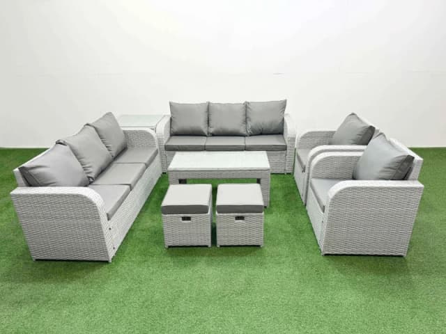 Fimous PE Rattan High Back Lounge Sofa Set Patio Oblong Coffee Table & Chairs Set with 3 Seater Sofa Reclining Chair Stools Side Table Light Grey Ligh