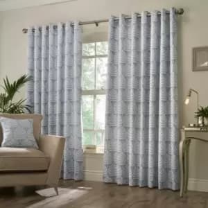 Horto Jacquard Botanical Lined Eyelet Curtains, Blue, 90 x 54" - Paoletti