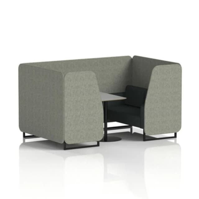 Brixworth 4 Seater Office Booth with Front Panel - Black Legs and Grey Table with Black Leg in Rivet Fabric - Vitreous Panels and Charcoal Sofa
