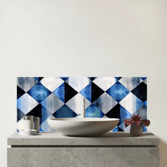 Warren Reed - Designer Square Checkered Pattern Glass Bathroom Splashback in Blue Blue Unisex