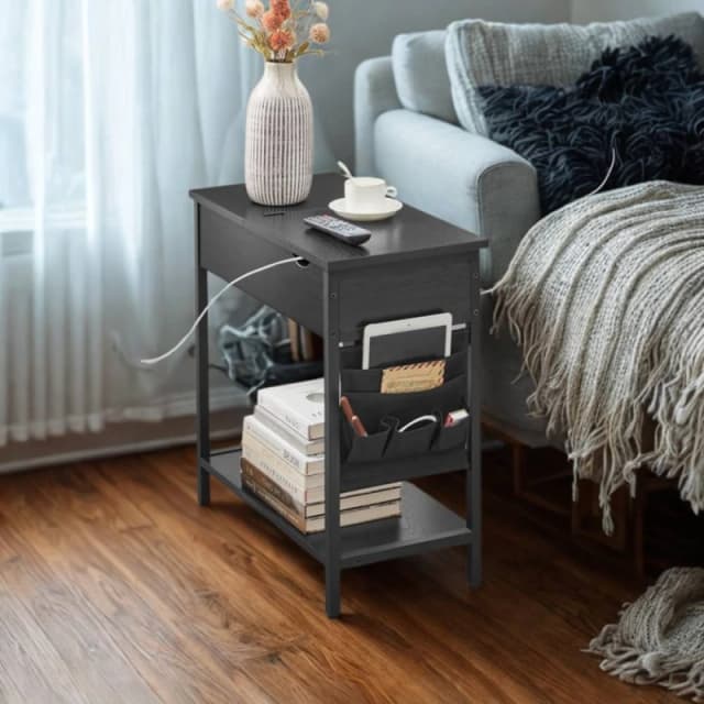 Pirlo Plush Slim Smart Bedside End Table With Power & USB Outlets Black Unisex