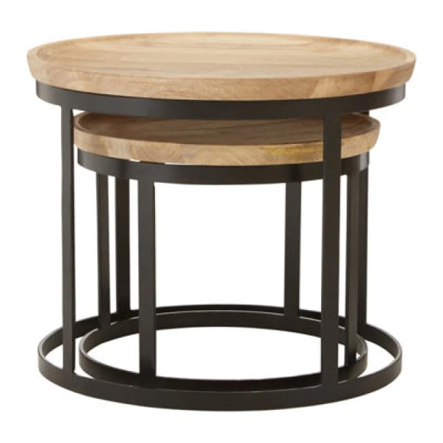 Orsina Set Of Two Mango Wood Nesting Tables, Industrial Round Wooden Tables For Living Room, Space-Saving Tables