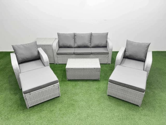 Fimous PE Rattan Garden Furniture Set Reclining Chair Sofa Lounge Sofa Set Oblong Coffee Table Side Table 2 Big Footstool Light Grey Light Grey