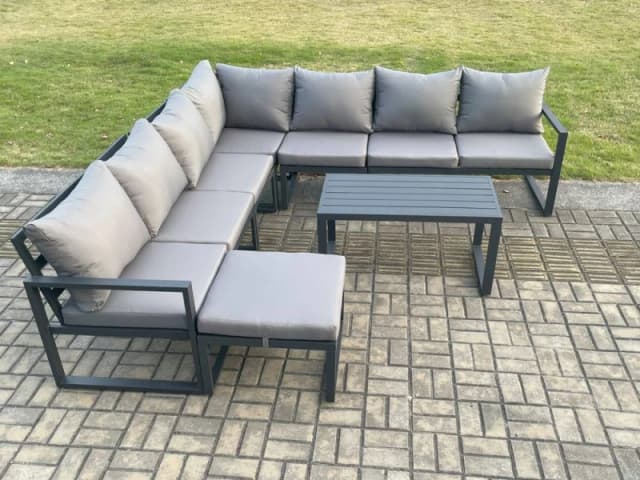 Fimous Aluminium Patio Outdoor Garden Furniture Lounge Corner Sofa Set with Oblong Coffee Table Big Footstool Dark Grey Dark Grey Unisex